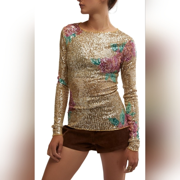 FP Movement by Free People Tops - Free People Gold Sequin Floral Long Sleeve Top